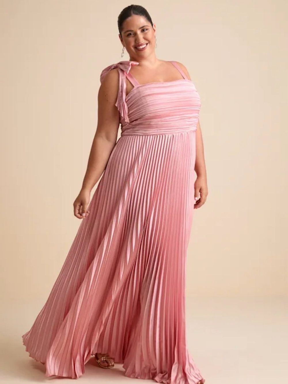 Lulus Gorgeous Purpose Pink Satin Pleated Sleeveless Bow Maxi Dress Size 1X